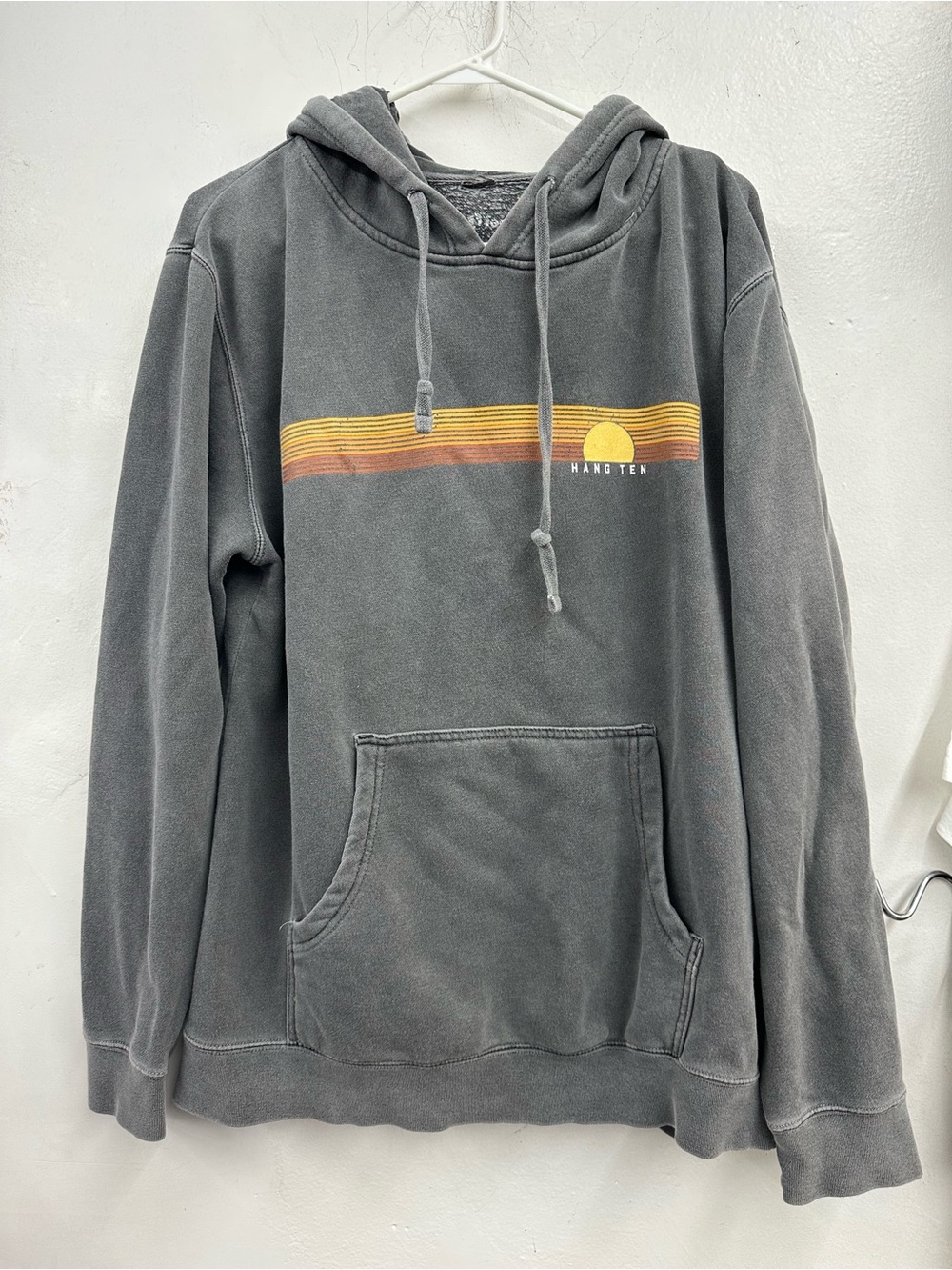 Hang Ten Men's Gray Pullover Hoodie with Sunset Stripe size medium